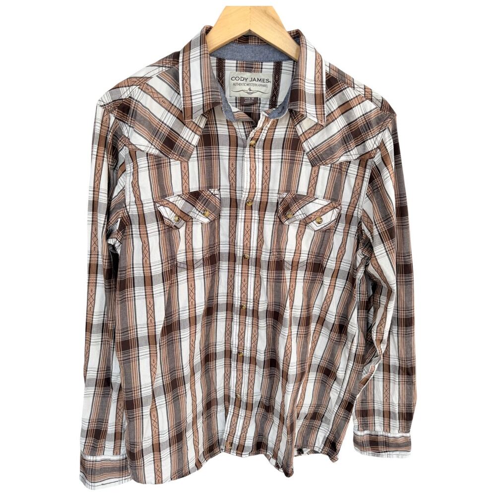 Cody James Western Shirt Mens M Brown White Plaid Pearl Snap Cowboy Button Up